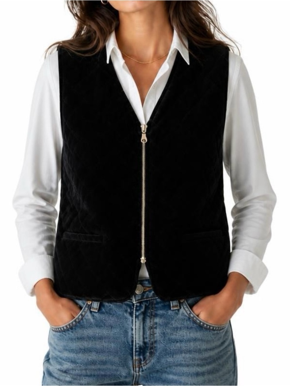 Marsh Landing Women Solid Black Velvet Quilted Vest SZ: PL